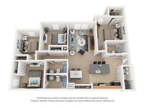 Floor plan for 4 beds, 3 baths, 1197 sqft